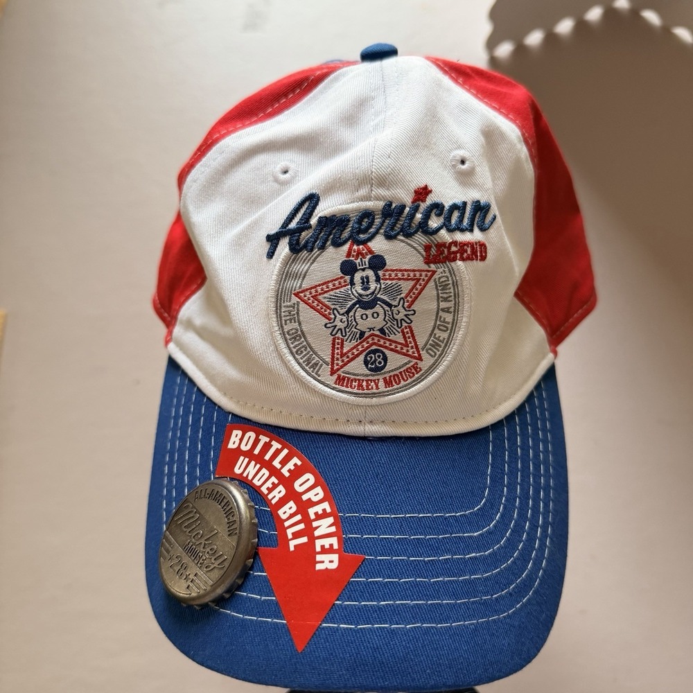 New Mickey Mouse Disney Parks American Hat Cap Red White Blue Bottle Opener WDW